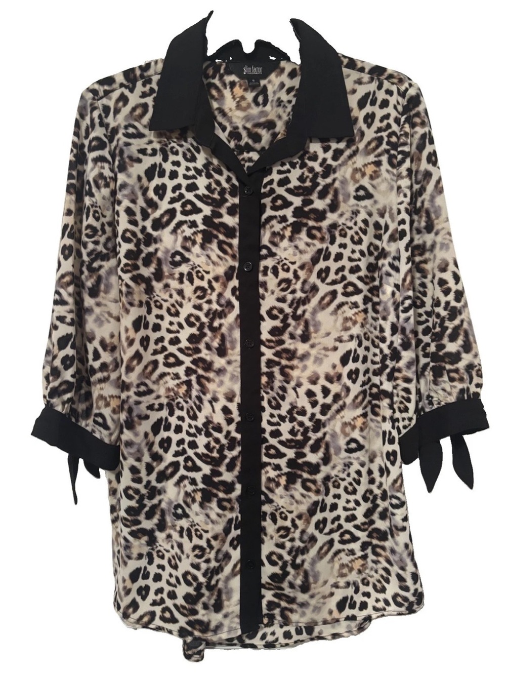 Slim Factor by Investments Leopard Print Button-Down Blouse - Black Trim